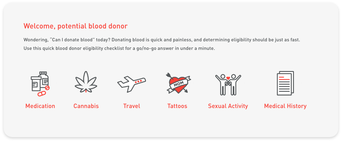 carousel_welcome_d-3 Welcome Blood Donor With Icons For Medication, Cannabis, Travel, Tattoos, Sexual Activity and Medical History