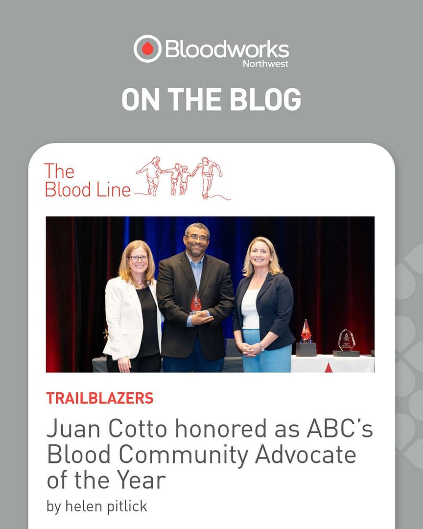 Please join us in celebrating Juan Cotto, named Blood Community Advocate of the Year for his leadership in advancing and protecting the blood supply. 

Through advocacy, partnership, and community engagement, Juan and the Northwest Blood Coalition are helping ensure patients have access to lifesaving blood when they need it most.

Read more at the link in our bio.

#BloodworksNW #DonateBlood #Blog #BloodSupply #Community