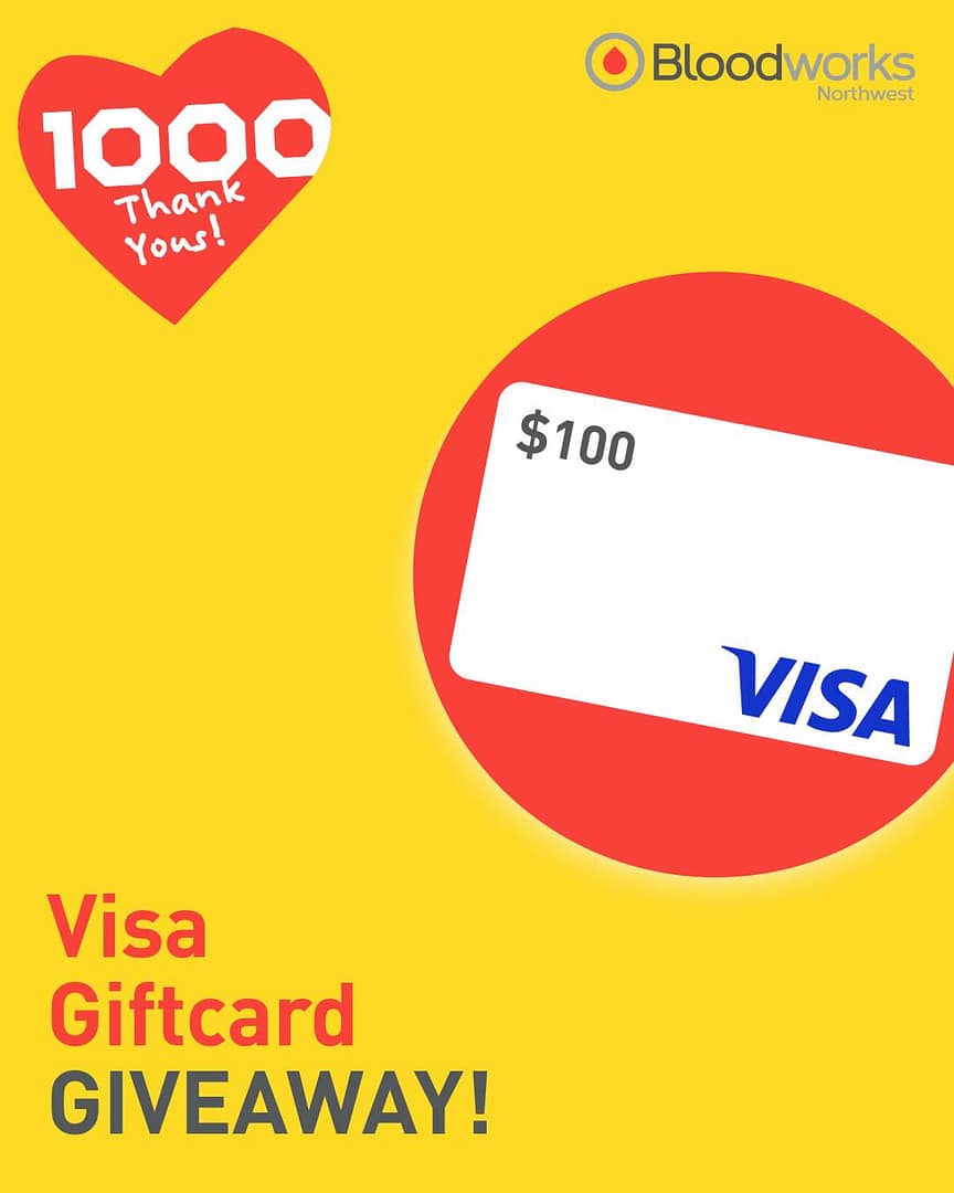 We’re saying THANK YOU with a chance to win a $100 Visa gift card for helping fill 1,000 donation appointments each day and keeping our blood supply strong and stable.

Here’s how to enter:
❤️ Follow @bloodworksnw
❤️ Like this post
❤️ Tag your go-to donation buddy
❤️ Bonus: Share to your stories for an extra entry

Giveaway ends 5/29. The winner will be contacted via DM.

#BloodworksNW #DonateBlood #Giveaway #GiftCard