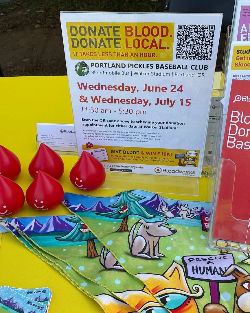 ⚾🐾 Baseball, dogs, and saving lives? That’s a home run.

Join Bloodworks Northwest and @picklesbaseball at these upcoming blood drives:

🐶 June 24 – Doodle Woof Wednesday Night
🌭 July 15 – National Wiener Day & Wiener Dog Woof Wednesday Night

🩸 Donate from 11:30 a.m. – 5:30 p.m. and help save local lives. Schedule your appointment at the link in our bio.

🎟️ As a thank-you, all donors will receive a free Portland Pickles ticket to a future 2026 game.

And if you're heading to the game, be sure to stop by the Bloodworks tent to say hi, learn more about blood donation, and grab some swag! ❤️

#BloodworksNW #DonateBlood #PicklesBaseball #Baseball #Pets #BloodDrive #RAH
