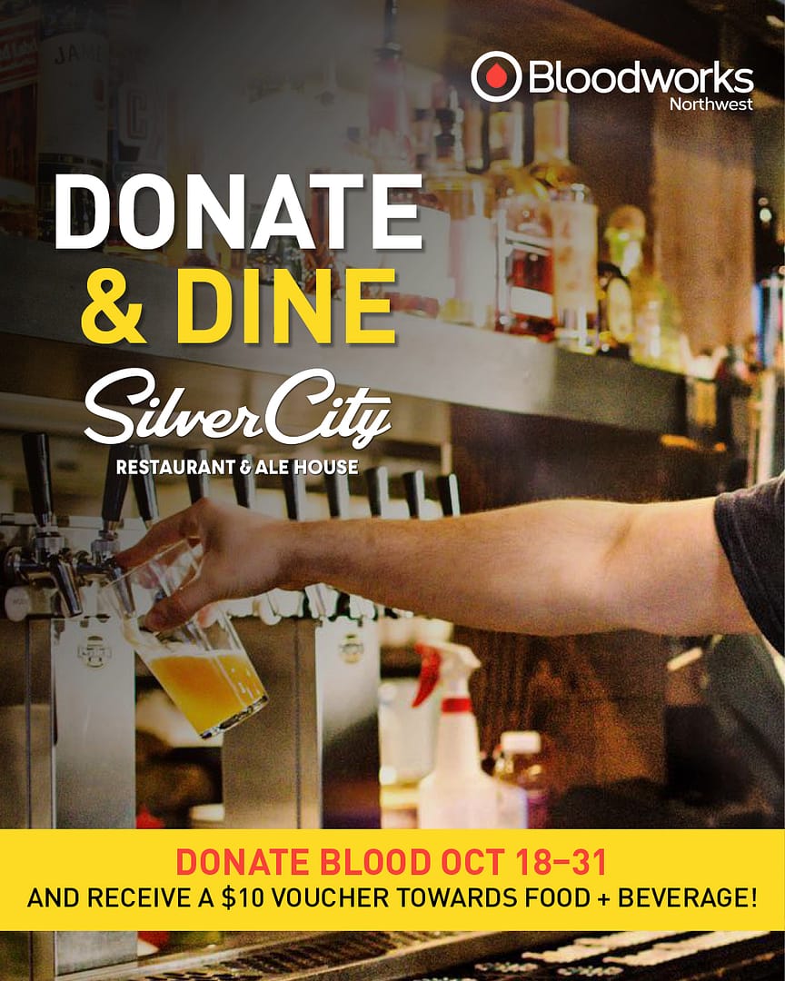 Our annual partnership with @silvercityrestaurant is back! Donate blood at the Silverdale Donor Center October 18–31 and receive a $10 voucher to use at Silver City Alehouse throughout November.
Your donation helps save lives right here in our community, and you can enjoy a little something extra as a thank-you!
Book your appointment at the link in our bio.
#BloodworksNW #DonateBlood #Silverdale #PNW #SaveLives #Giveaway