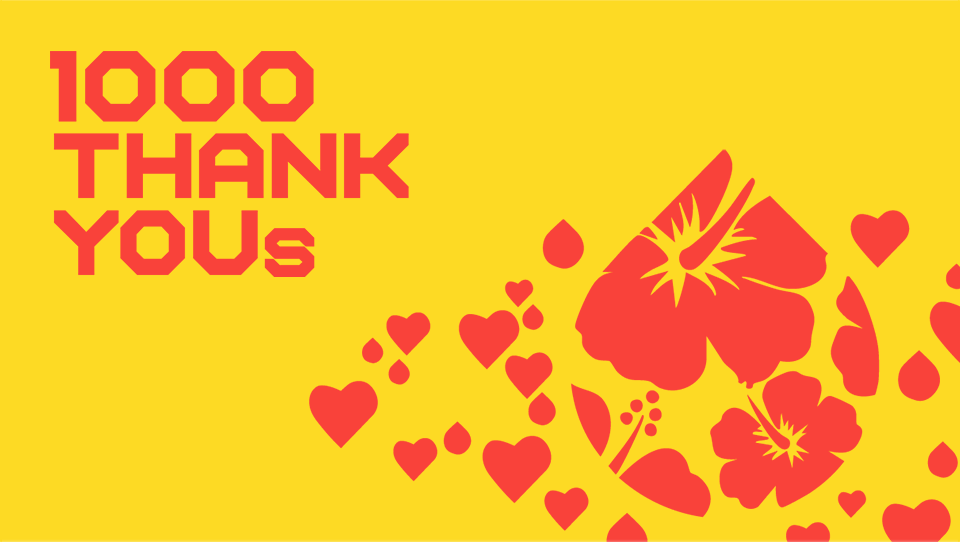 1000thanks_alohaty_websitecard Red Flowers and Hearts on a Yellow Background