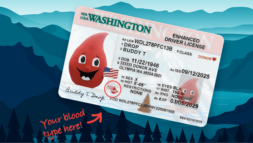 wastatebloodtypeonlicense_general_card Driver's License with Blood Drop on it over a Mountain Background