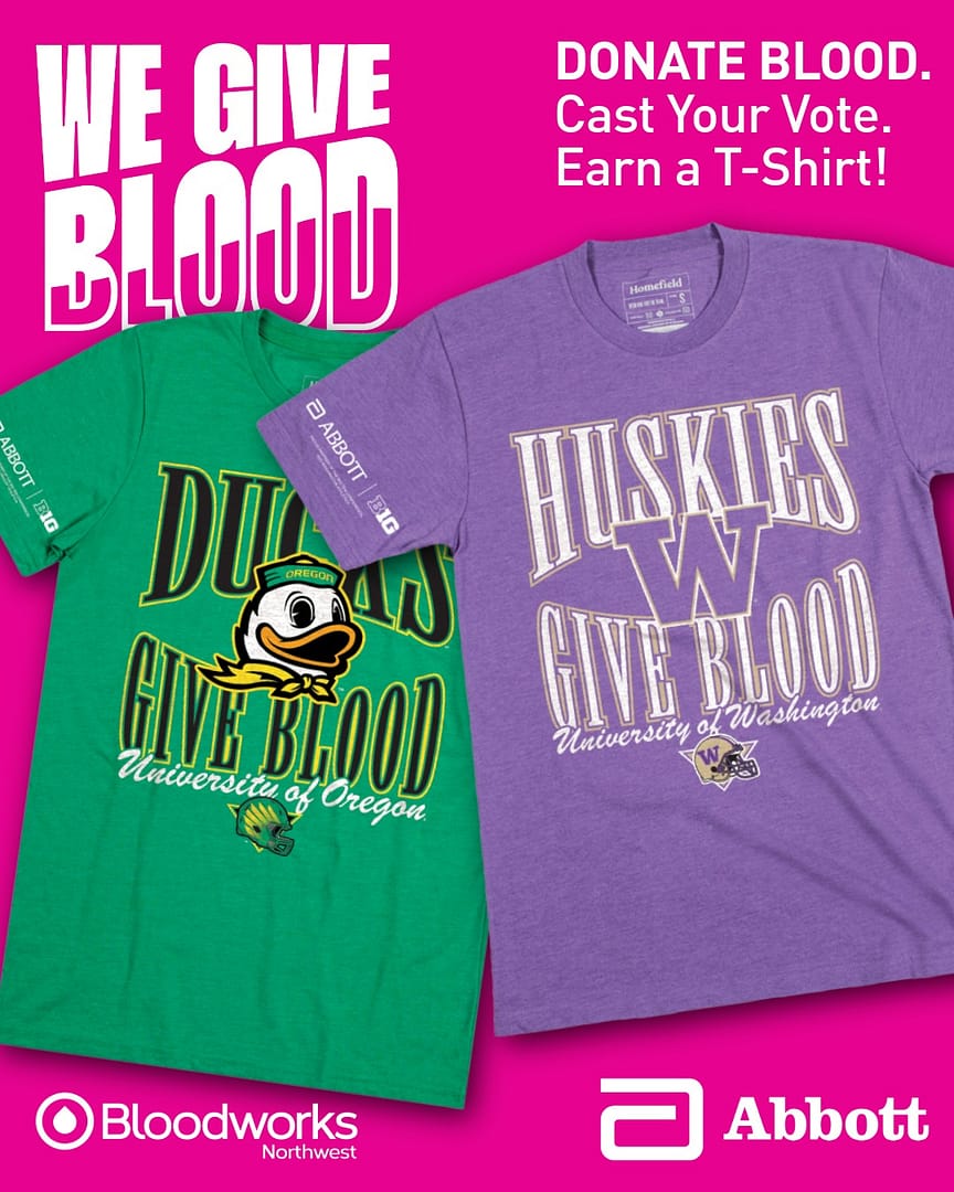 Help the Ducks and Dawgs climb the rankings in the #WEGIVEBLOOD drive with @AbbottGlobal and the Big Ten!
Every blood donation saves up to three lives and brings your school closer to winning $1 million for student and community health. Plus, you’ll score a limited-edition Homefield T-shirt for your favorite Big Ten school (while supplies last)!
You can earn your t-shirt if you donate between August 28 and December 5th and follow these steps:
📱 Text “Donate” to 222688, or visit the link in bio
📸 Screenshot and upload your proof of donation to submit your entry
#BloodworksNW #DonateBlood #BloodDrive #BigTen #Football #Giveaway